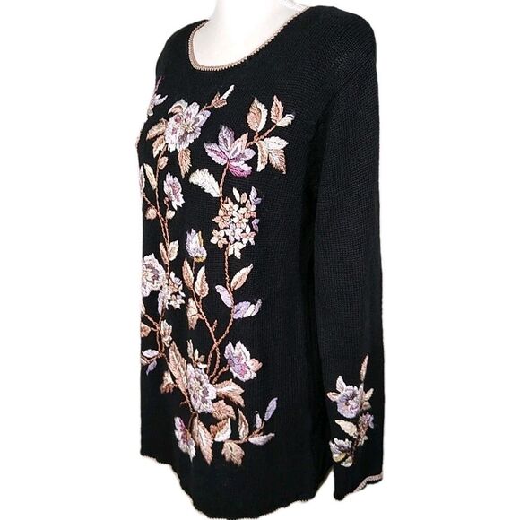 VTG WORTHINGTON Embroidered Sweater Pullover Floral Sz M Pearls Crochet Edges - Picture 2 of 12